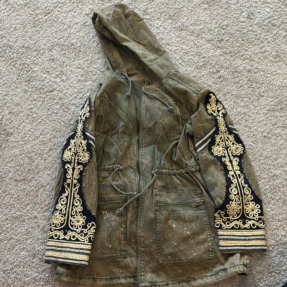Free People Golden Quills Military Embellished Studded Hooded Parka Boho Jacket